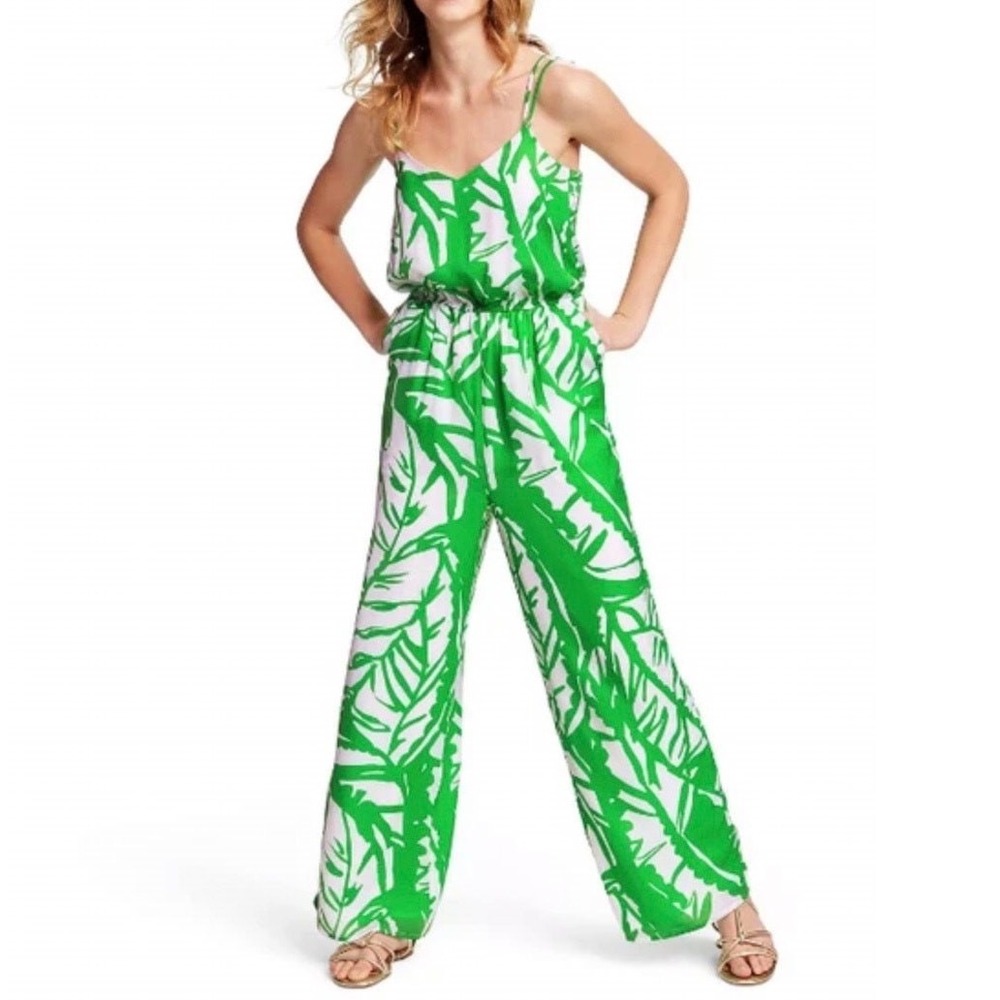 Green Leaf-Print Wide-Leg Jumpsuit